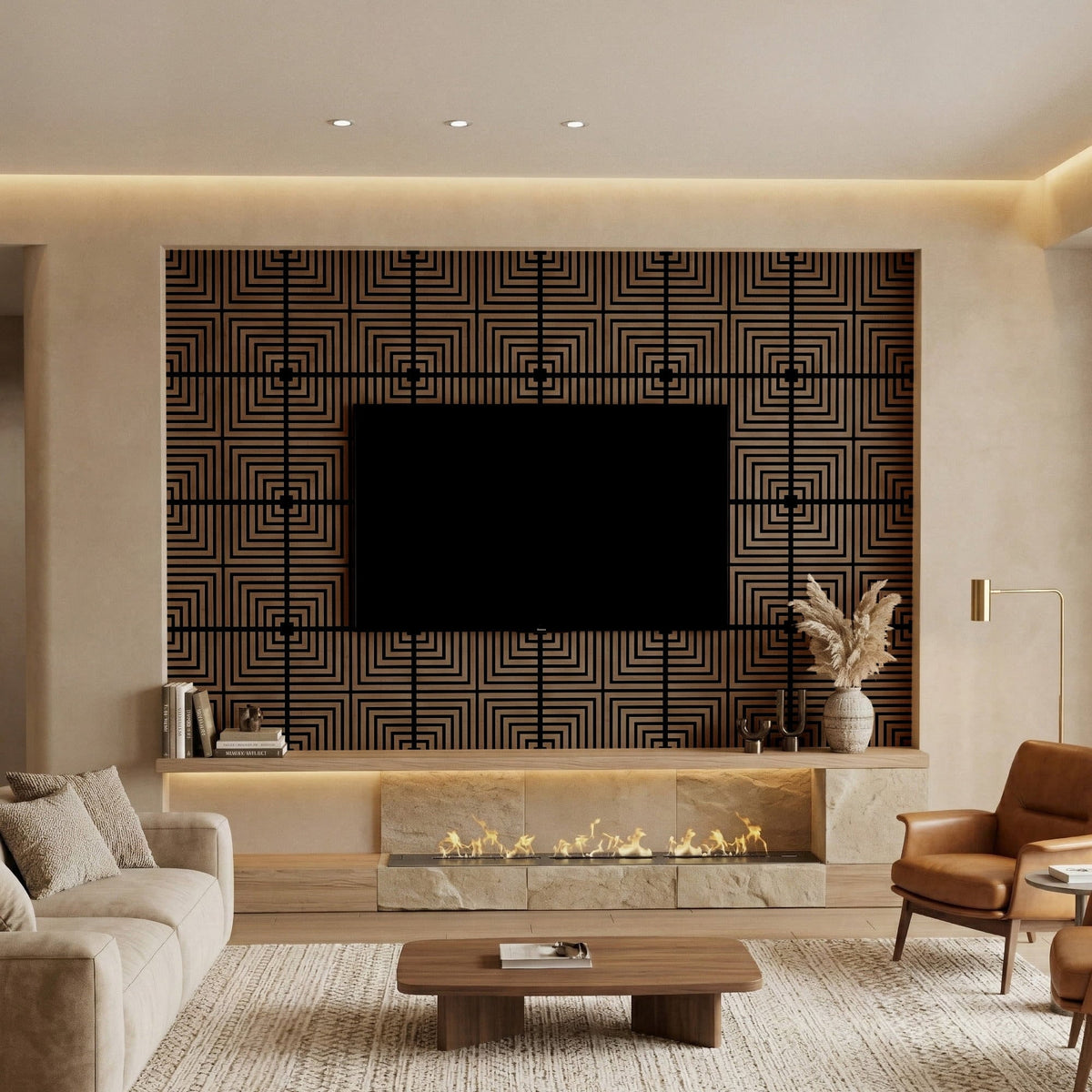MuroPanel Concentric Square Acoustic Wood Slat Wall Tiles 4-Pack 24"x24", 3D Wall Panels, Walnut