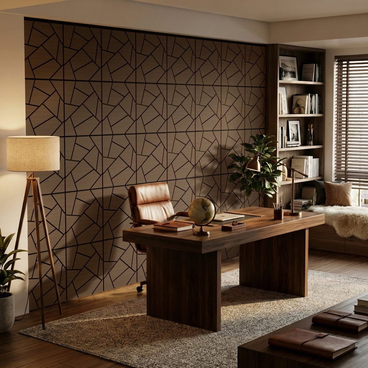 MuroPanel Abstract Polygon Acoustic Wood Slat Wall Tiles 4-Pack 24"x24", Modern 3D Wall Panels, Walnut