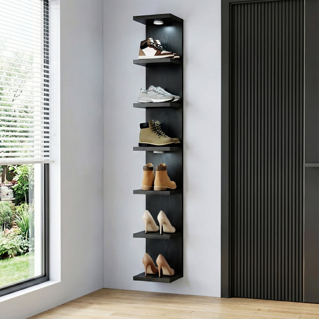 Fairy Black Wall Mounted Display Shelf with LED Lights, 7-Level Floating Storage Rack for Bedroom, Living Room, Closet Decor
