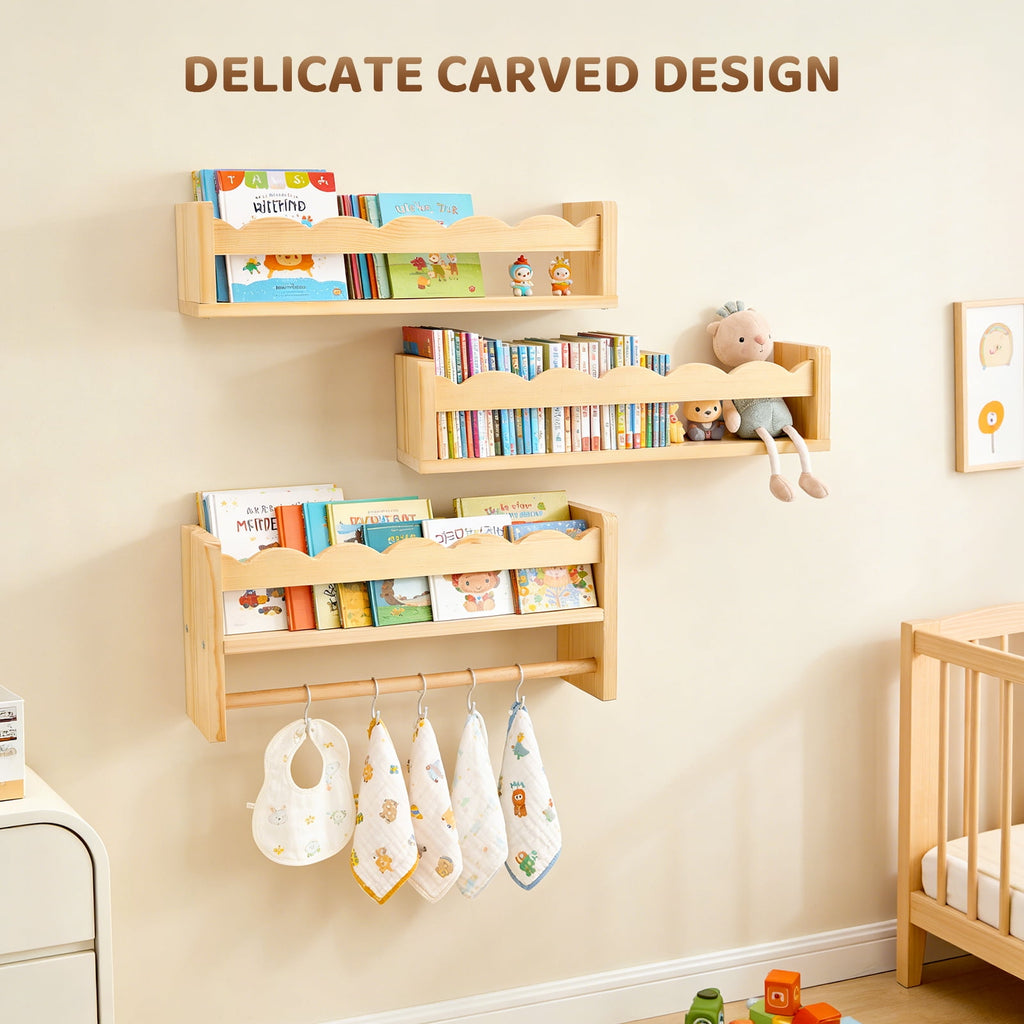 AMTPM Nursery Book Shelves, Wood Floating Shelves for Wall Kids, Scalloped Wall Shelves with Towel Rack for Bedroom Kids Toddler Room, Baby Room, Nursery Decor and Storage(3 Pack)