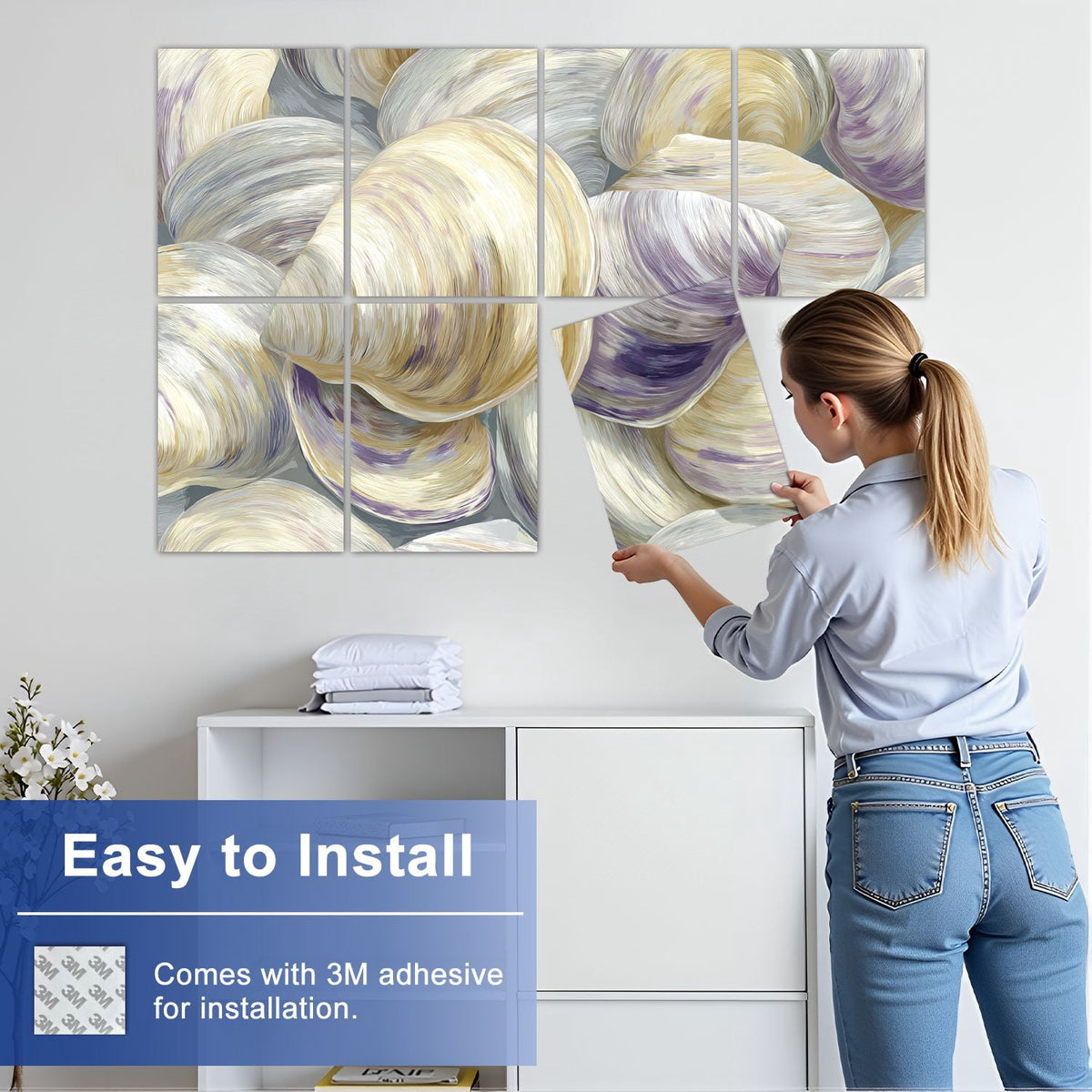 8 Pack Art Acoustic Panels Sound Absorbing White Oyster Shells Seamless Soft Tones Decorative Soundproof Wall Panels Self Adhesive for Nursery Game Room Bedroom 48"x32"