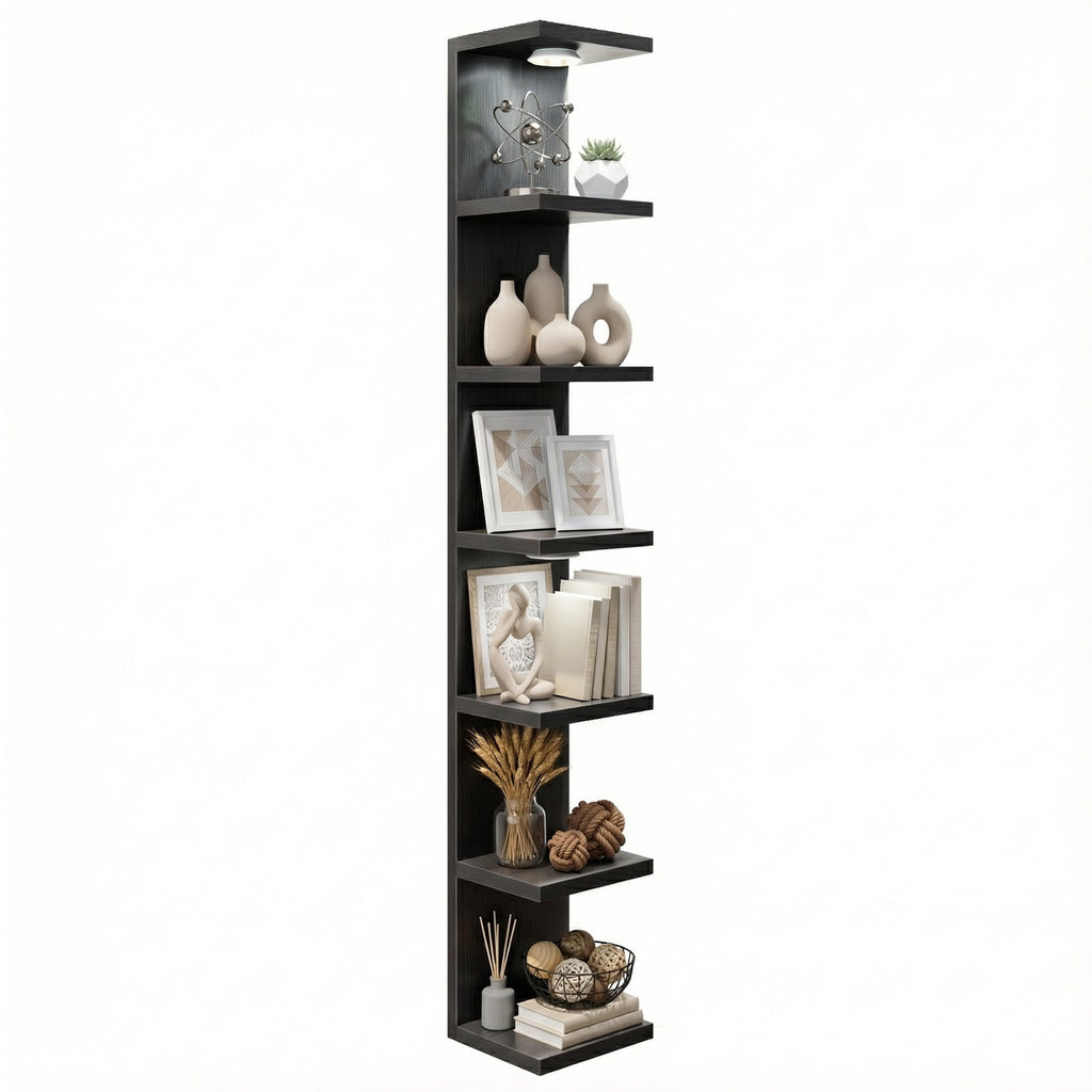 Fairy Black Wall Mounted Display Shelf with LED Lights, 7-Level Floating Storage Rack for Bedroom, Living Room, Closet Decor