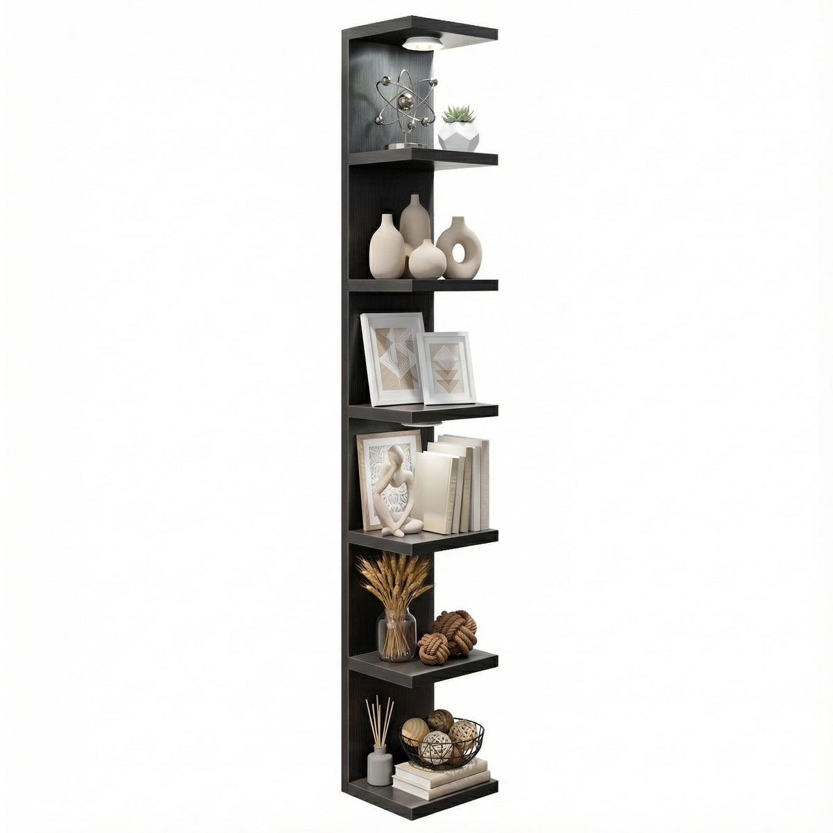 Fairy Black Wall Mounted Display Shelf with LED Lights, 7-Level Floating Storage Rack for Bedroom, Living Room, Closet Decor