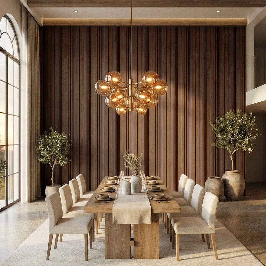 MuroPanel Dynamic Linear Acoustic Wood Slat Wall Tiles 4-Pack 24"x24", Modern Walnut 3D Wall Panels