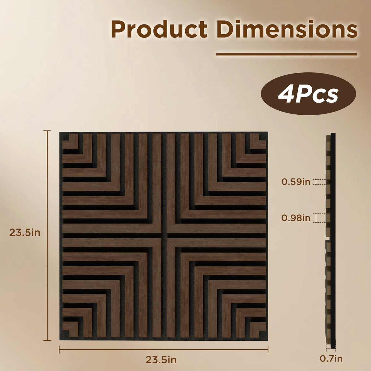 MuroPanel Concentric Square Acoustic Wood Slat Wall Tiles 4-Pack 24"x24", 3D Wall Panels, Walnut