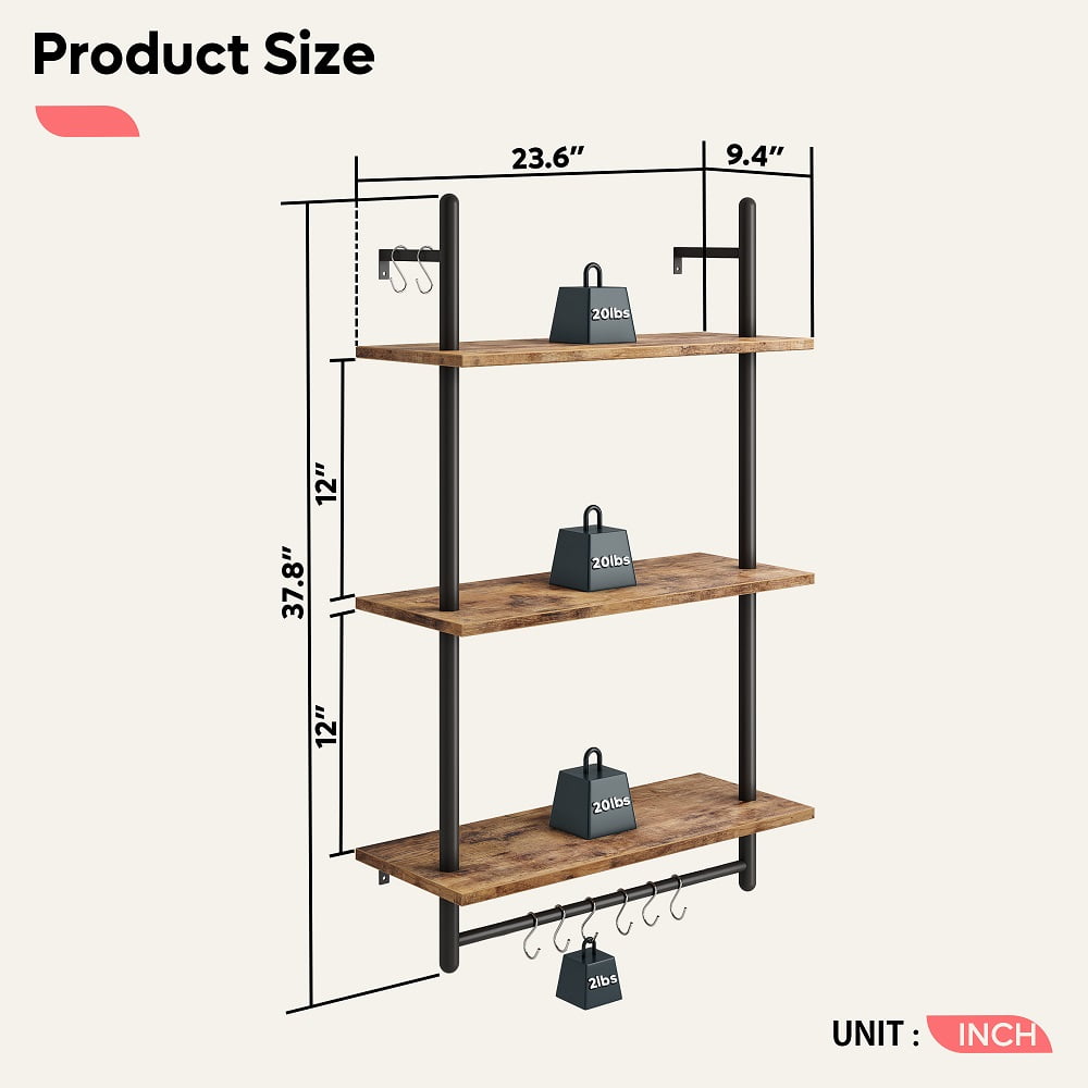 Bestier 38 inch Wall Mounted Floating Shelves with Towel Bar & Hooks Bookshelf in Rustic