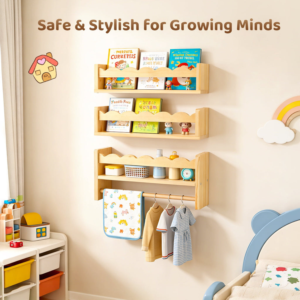 AMTPM Nursery Book Shelves, Wood Floating Shelves for Wall Kids, Scalloped Wall Shelves with Towel Rack for Bedroom Kids Toddler Room, Baby Room, Nursery Decor and Storage(3 Pack)