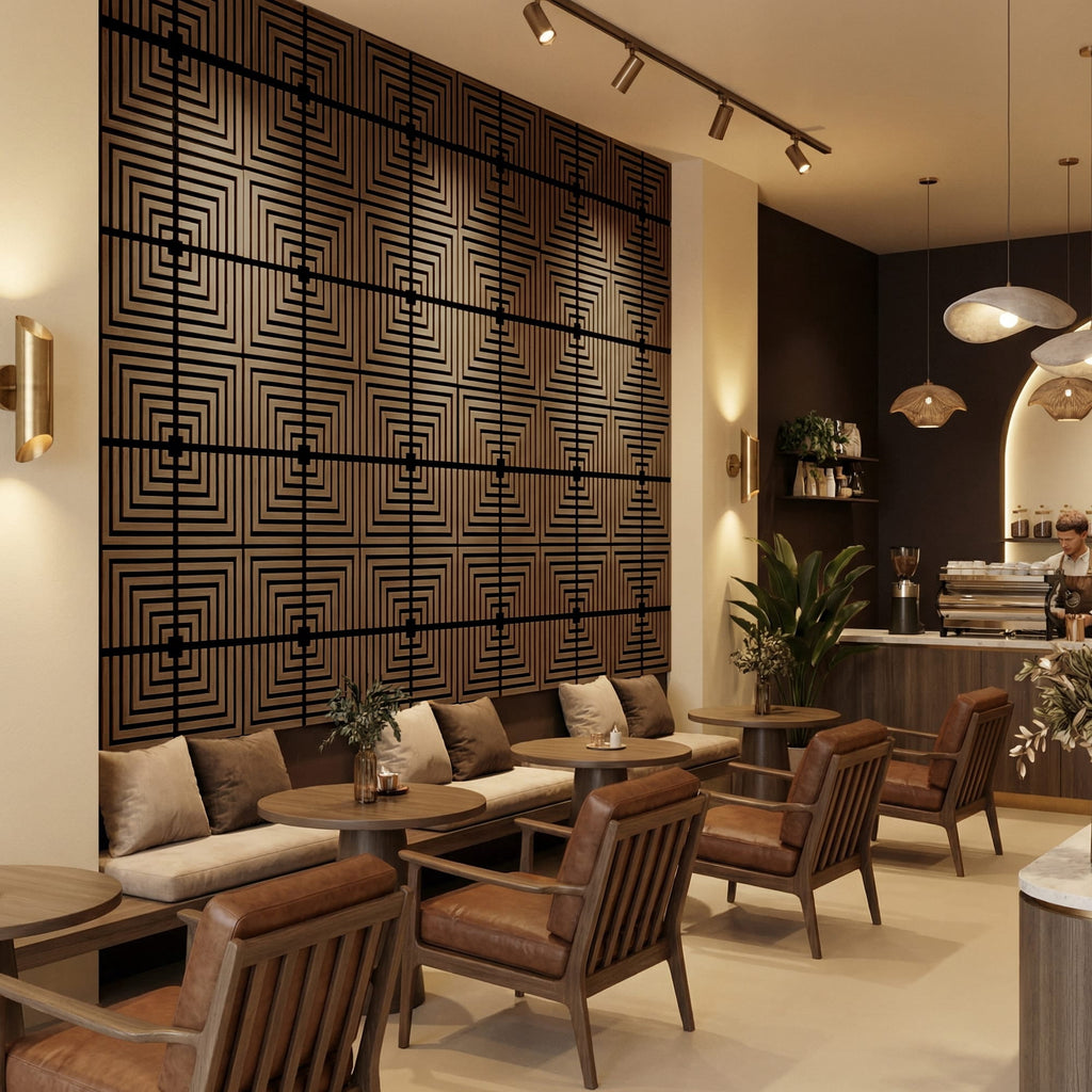 MuroPanel Concentric Square Acoustic Wood Slat Wall Tiles 4-Pack 24"x24", 3D Wall Panels, Walnut