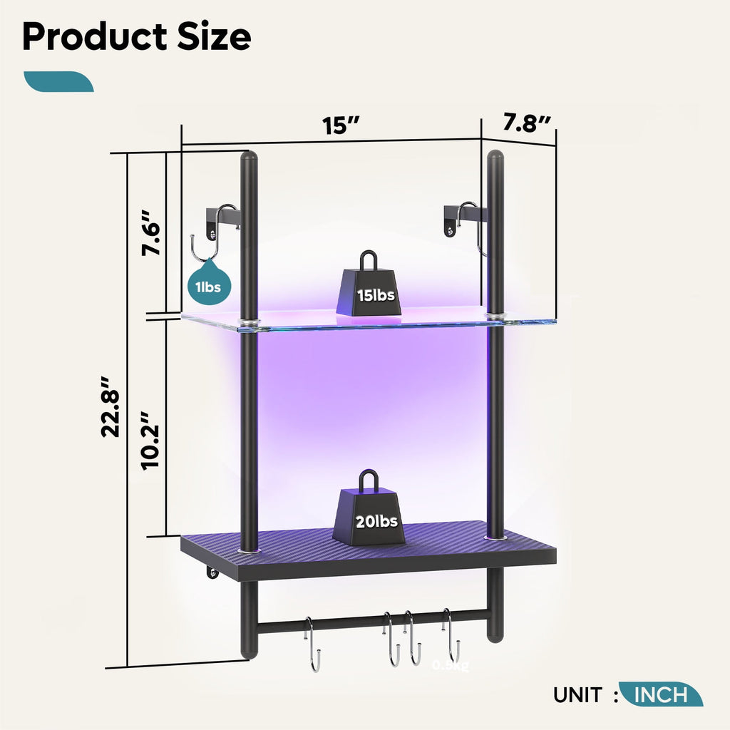 Bestier 2-Tier Floating Shelves for Wall with LED Light 15" x 23" Wall-Mounted Wood Shelves with 6 S-Hooks, Black Carbon Fiber