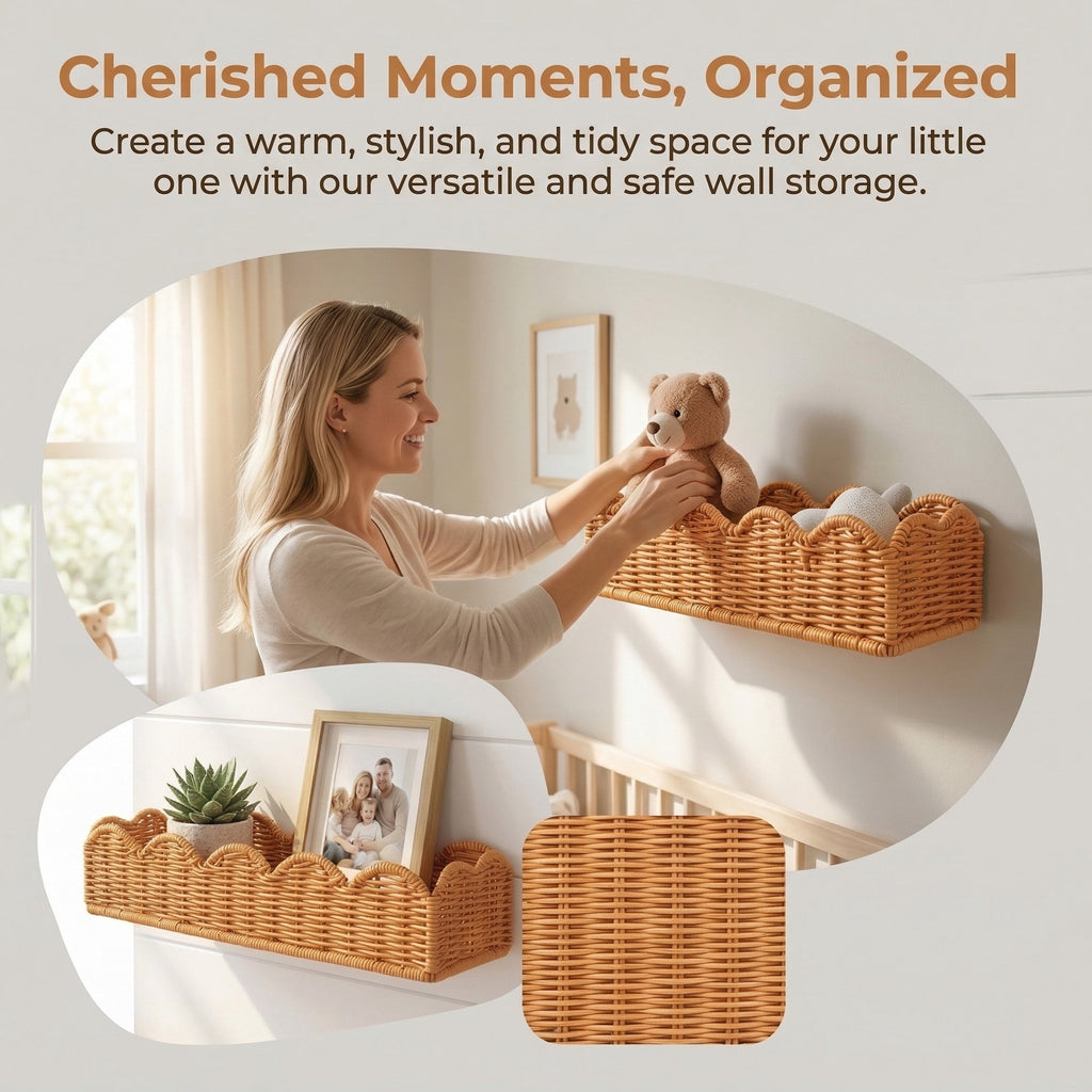 HBK Rattan Nursery Book Shelves Set of 2, Scalloped Wall Mounted Bookshelf for Kids Room, Boho Floating Shelf, 15.7 in