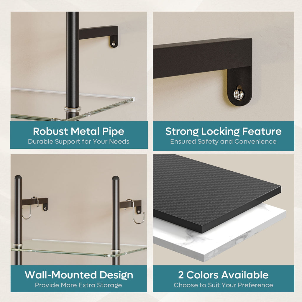 Bestier 2-Tier Floating Shelves for Wall with LED Light 15" x 23" Wall-Mounted Wood Shelves with 6 S-Hooks, Black Carbon Fiber