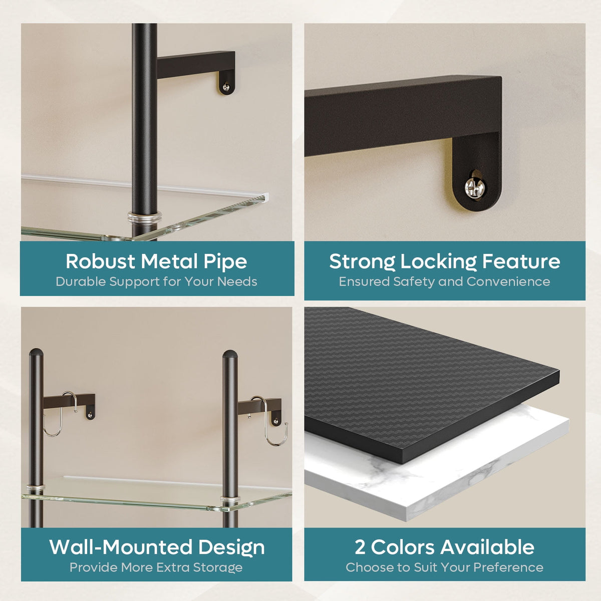 Bestier 2-Tier Floating Shelves for Wall with LED Light 15" x 23" Wall-Mounted Wood Shelves with 6 S-Hooks, Black Carbon Fiber