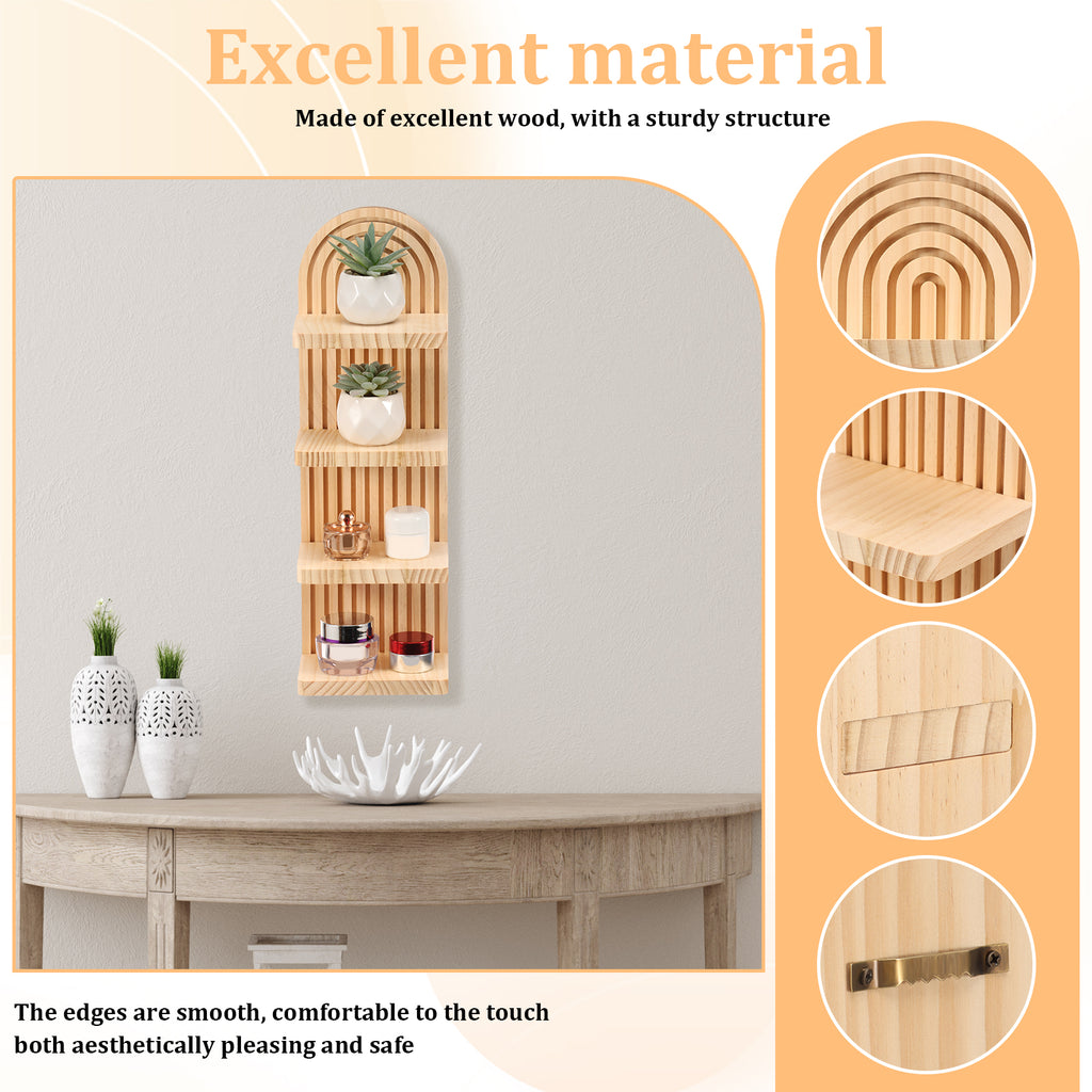 FKSZLL Boho Wall Shelf with Arched Wood Design Floating Shelf Mid-Century Rainbow Decor Wall Shelf for Home Bedroom Living Room Bathroom Office, 18.9 x 5.7 x 4.33 Inch, 4 Tier