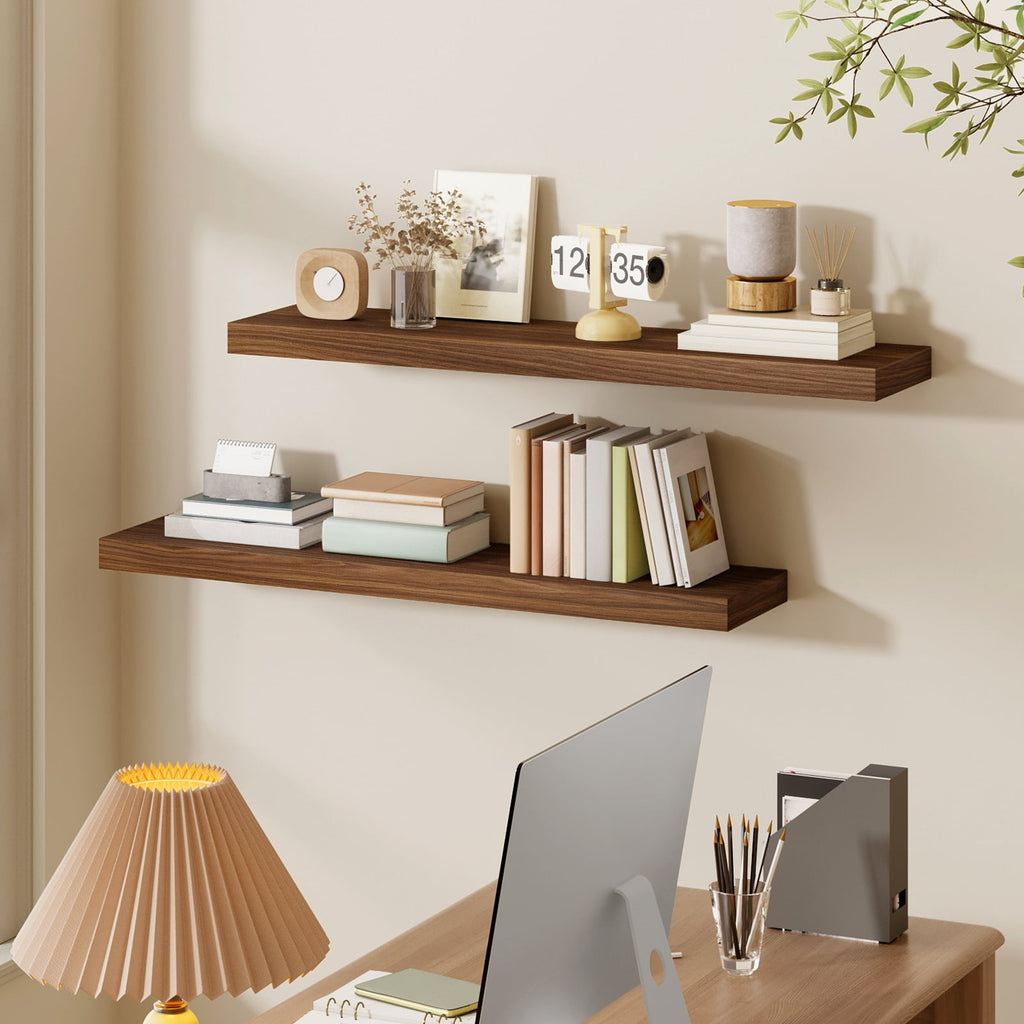 Fairy 2pcs Floating Shelves for Wall, 31.5in Walnut Wall Mounted Shelves, Rustic Wood Display Shelves for Bathroom, Kitchen, Living Room, Bedroom Decor