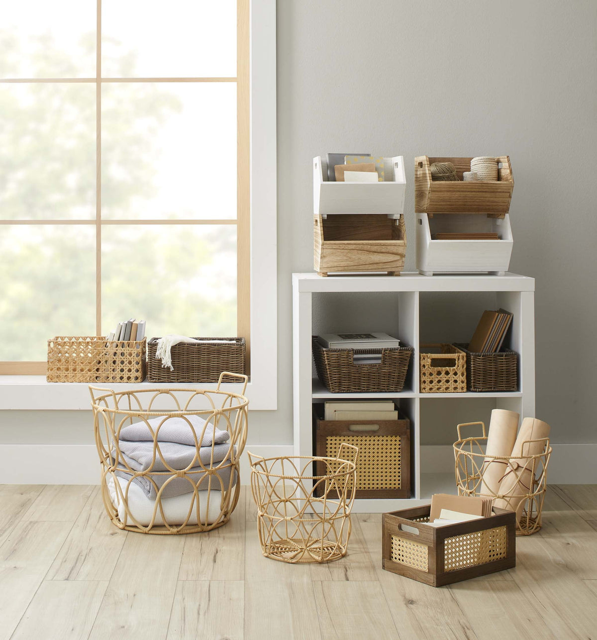 Better Homes & Gardens 2-Piece Set Natural Wood Stacking Open Front Decorative Storage Bins, 11 in x 16.5 in x 10 in