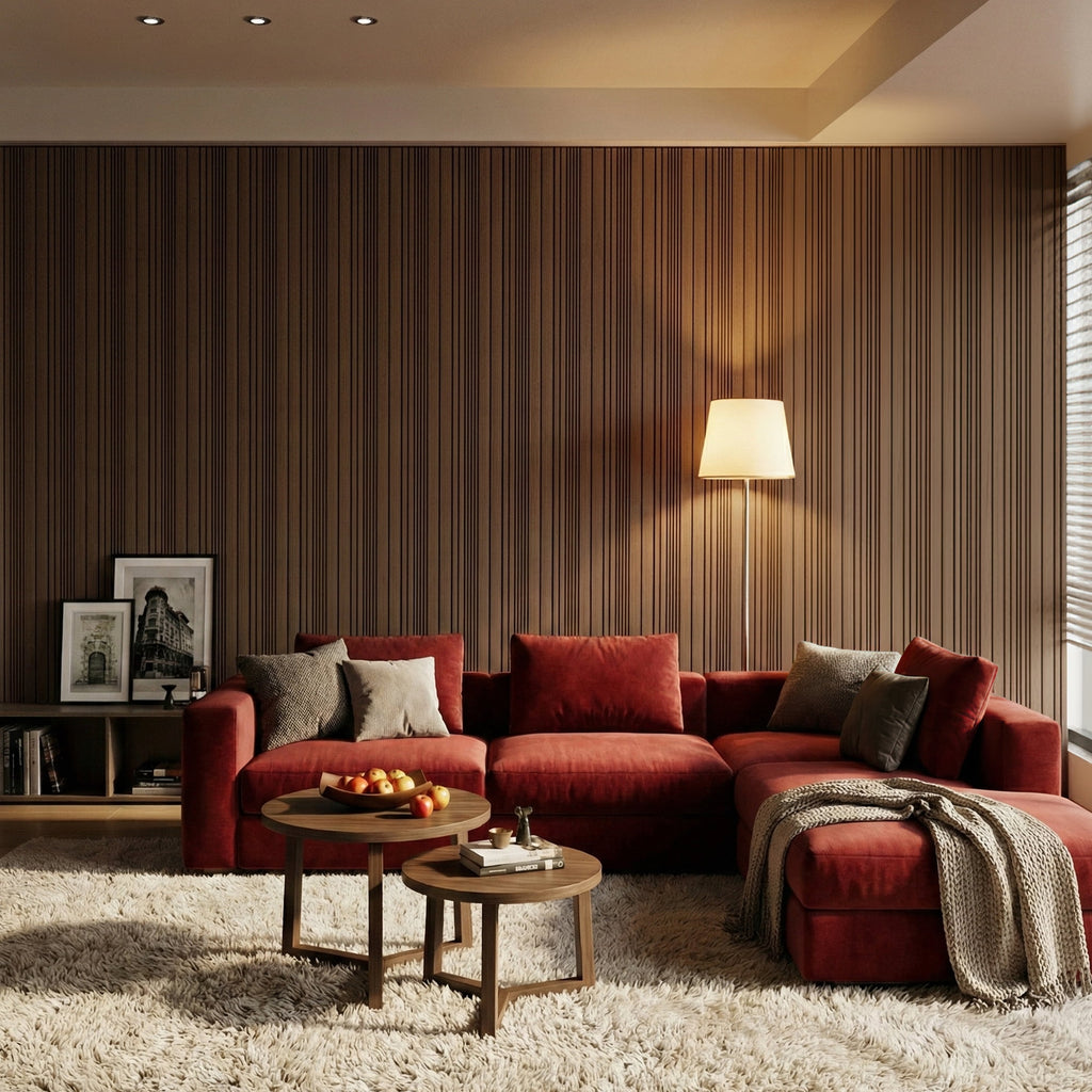 MuroPanel Dynamic Linear Acoustic Wood Slat Wall Tiles 4-Pack 24"x24", Modern Walnut 3D Wall Panels