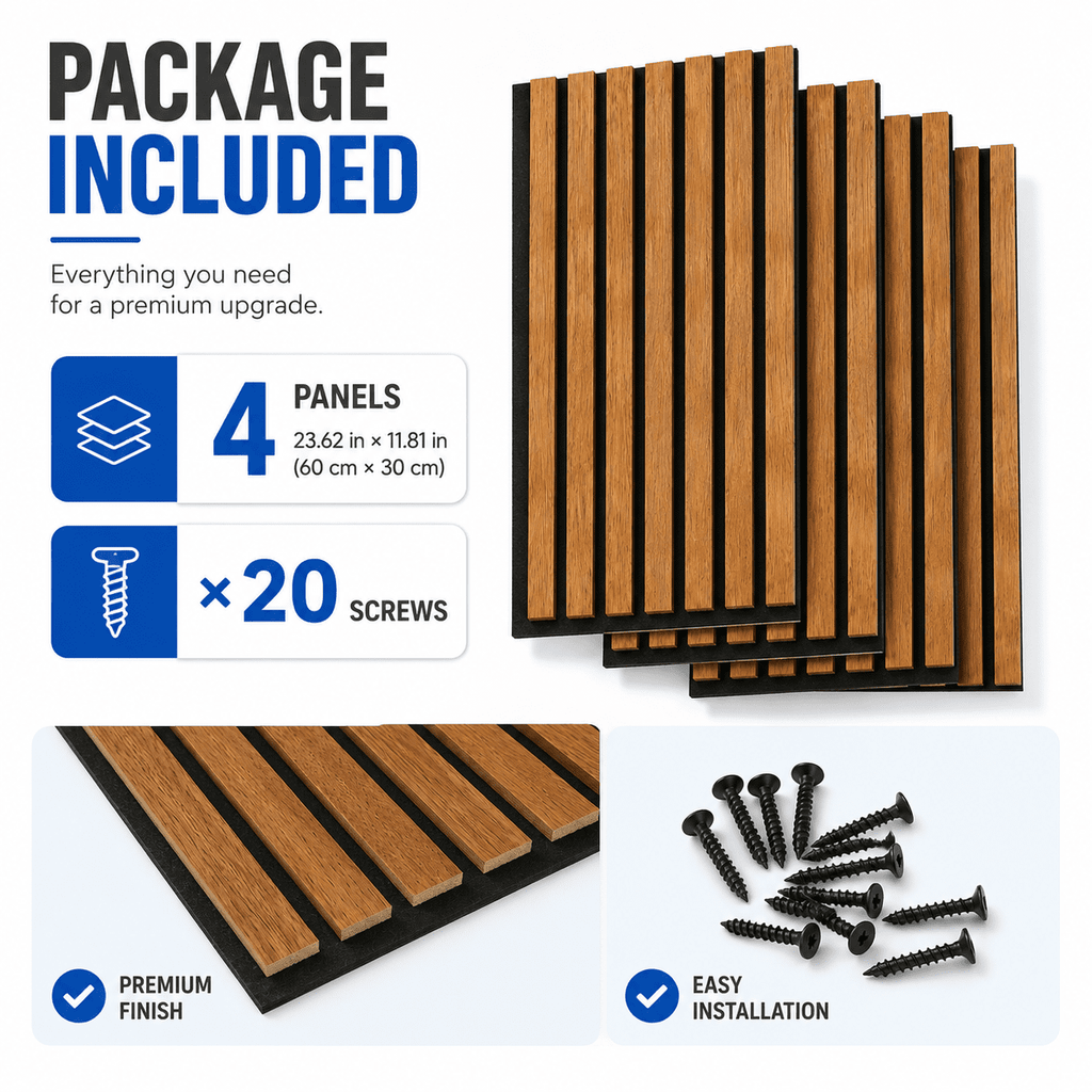 Yeslife 4 pcs Wood Slat Acoustic Wall Panels, 11.81 in x 23.62 in, Walnut MDF, 3D Decorative Sound-Absorbing Panels for Interior Walls, 7.7 sq ft