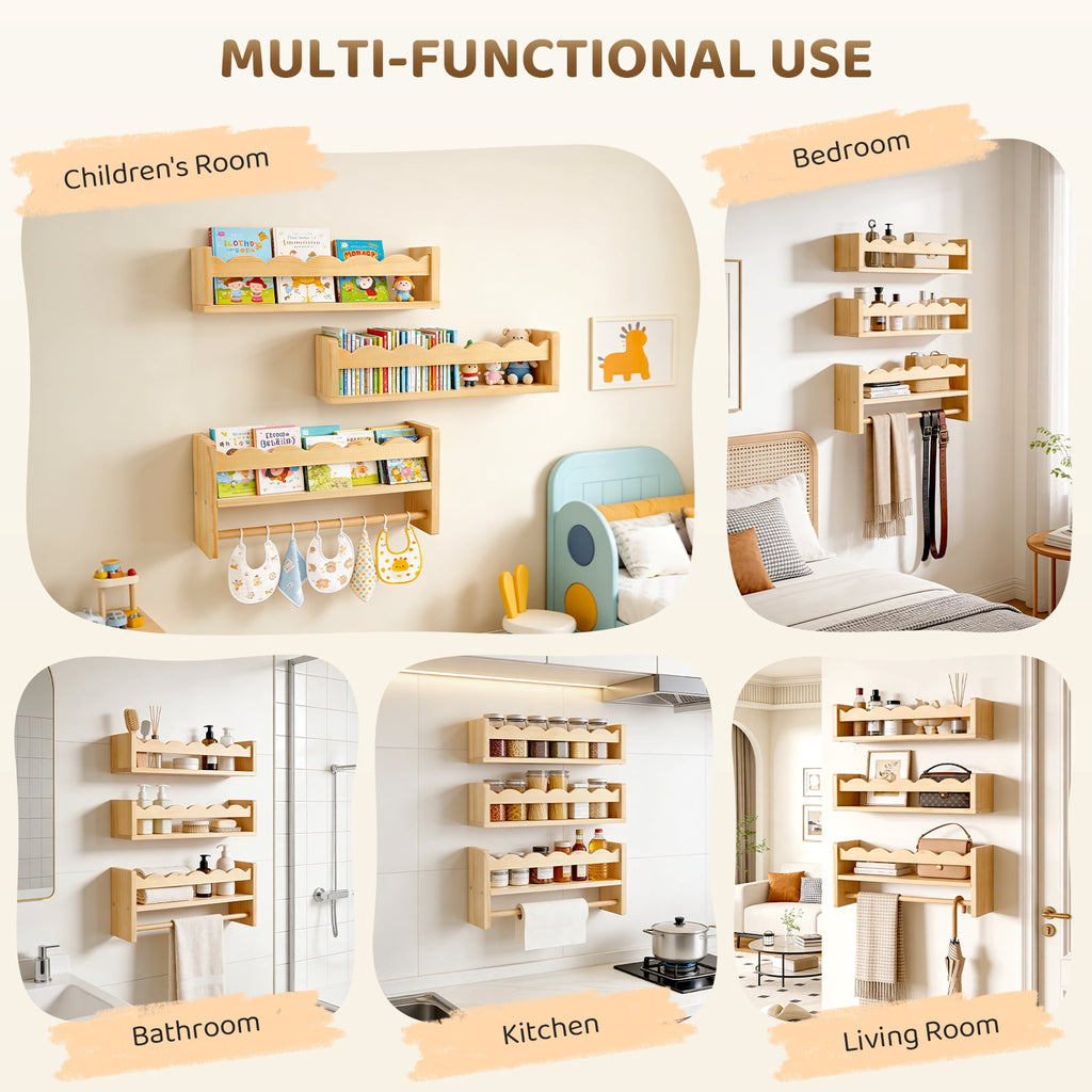 AMTPM Nursery Book Shelves, Wood Floating Shelves for Wall Kids, Scalloped Wall Shelves with Towel Rack for Bedroom Kids Toddler Room, Baby Room, Nursery Decor and Storage(3 Pack)