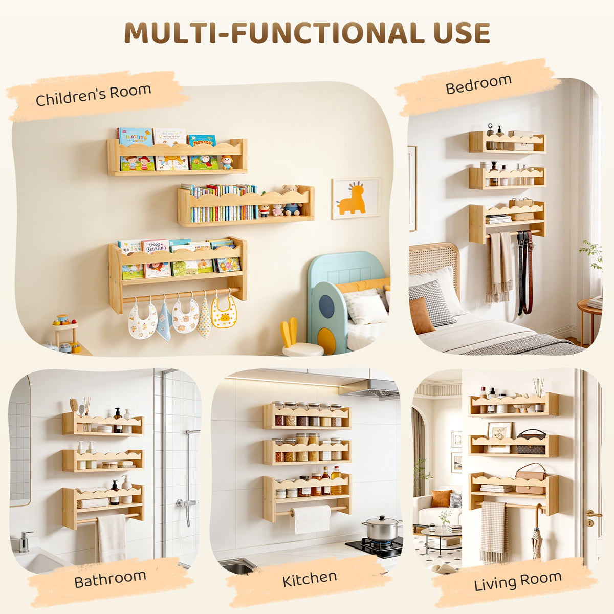 AMTPM Nursery Book Shelves, Wood Floating Shelves for Wall Kids, Scalloped Wall Shelves with Towel Rack for Bedroom Kids Toddler Room, Baby Room, Nursery Decor and Storage(3 Pack)