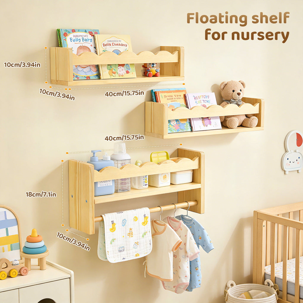 AMTPM Nursery Book Shelves, Wood Floating Shelves for Wall Kids, Scalloped Wall Shelves with Towel Rack for Bedroom Kids Toddler Room, Baby Room, Nursery Decor and Storage(3 Pack)