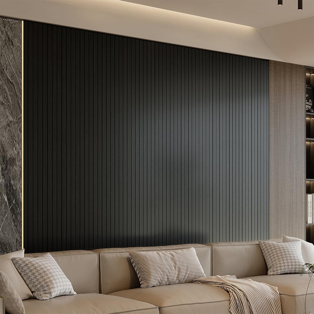 Peel and Stick PVC Slat Wall Panel 118"x15.75" Self-Adhesive Thick Faux Black Wood Grain Wallpaper Panel 3D Soundproof Wall Panels for Walls & Ceilings