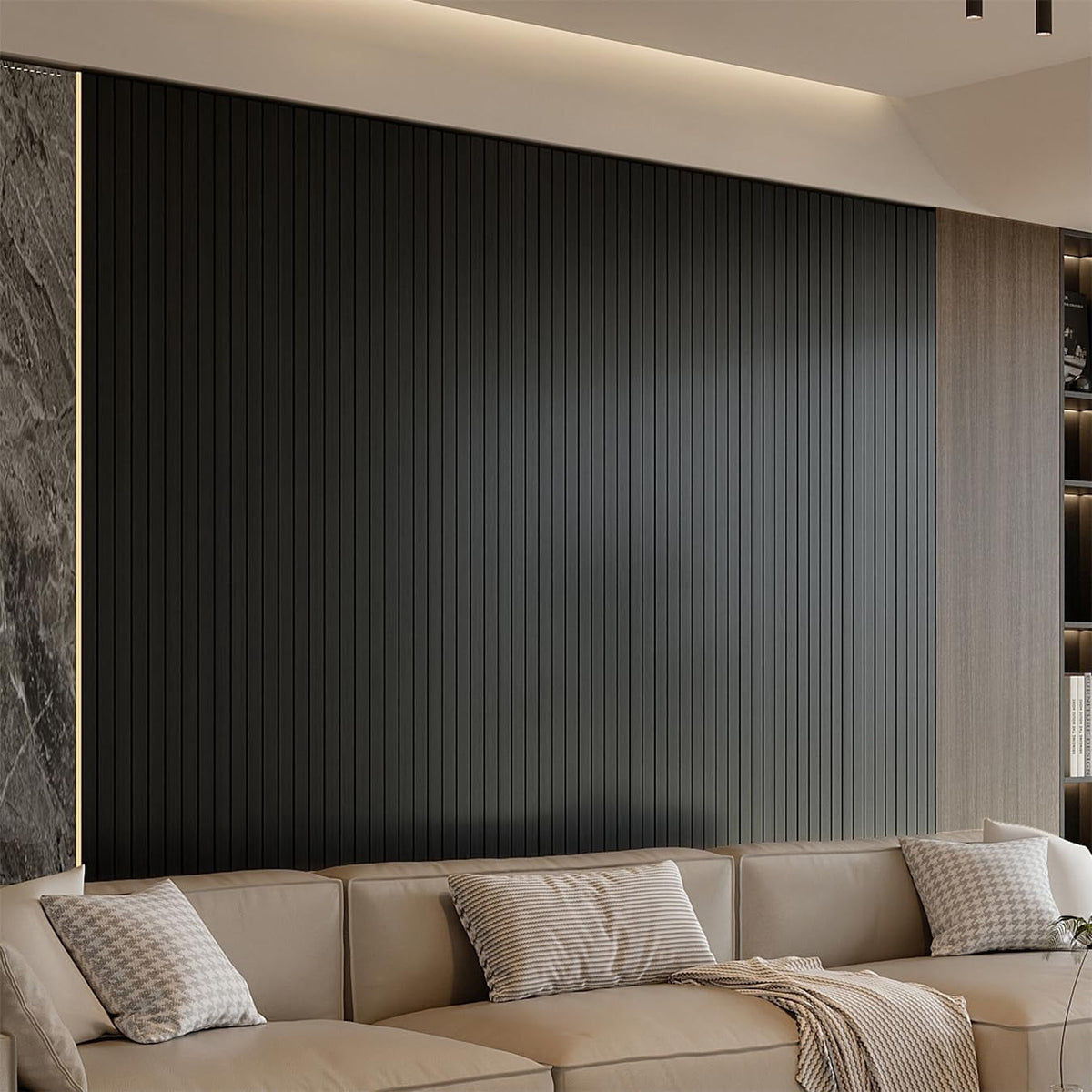 Peel and Stick PVC Slat Wall Panel 118"x15.75" Self-Adhesive Thick Faux Black Wood Grain Wallpaper Panel 3D Soundproof Wall Panels for Walls & Ceilings
