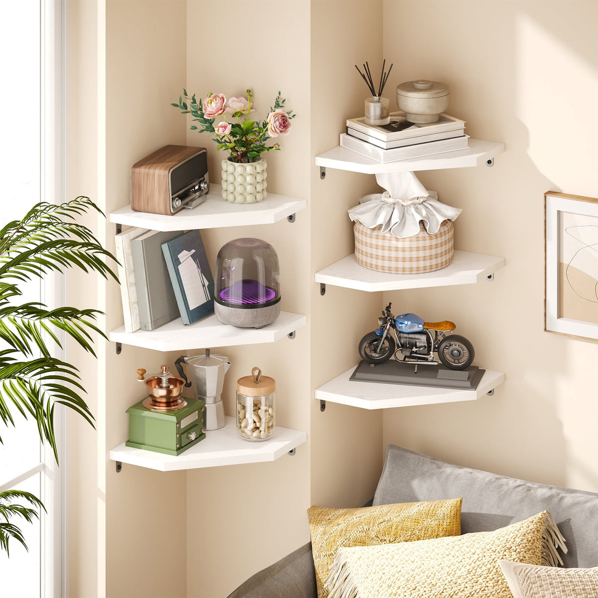 Fairy Corner Floating Shelves Set of 6, White Wall Mounted Corner Shelf for Bedroom, Bathroom, Living Room, Kitchen Storage and Decor