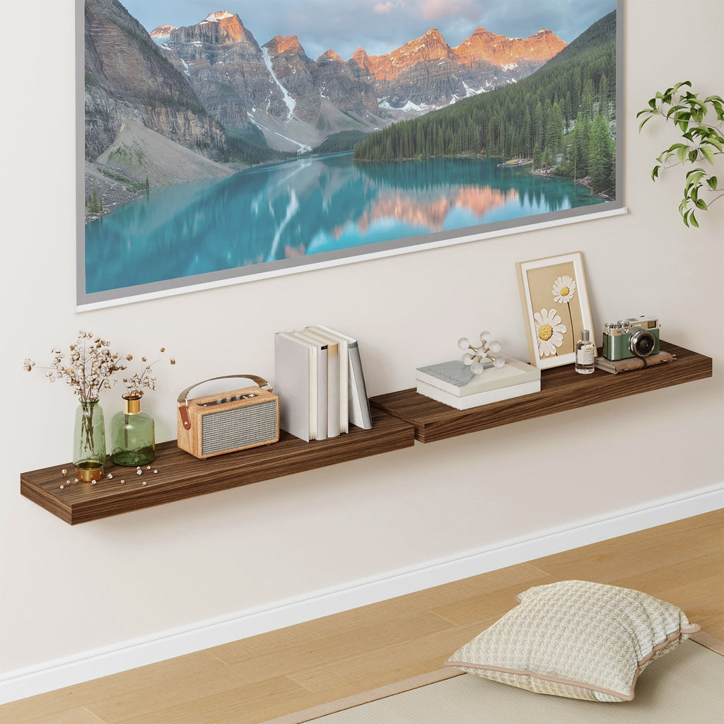 Fairy 2pcs Floating Shelves for Wall, 31.5in Walnut Wall Mounted Shelves, Rustic Wood Display Shelves for Bathroom, Kitchen, Living Room, Bedroom Decor