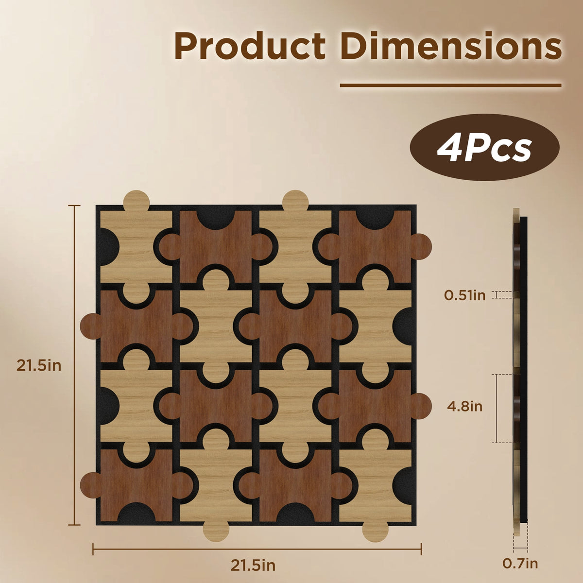 MuroPanel Interlocking Jigsaw Acoustic Wood Slat Wall Tiles 4-Pack 24"x24", 3D Wall Panels, Caramel
