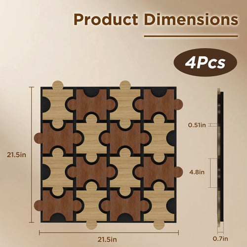 MuroPanel Interlocking Jigsaw Acoustic Wood Slat Wall Tiles 4-Pack 24"x24", 3D Wall Panels, Caramel