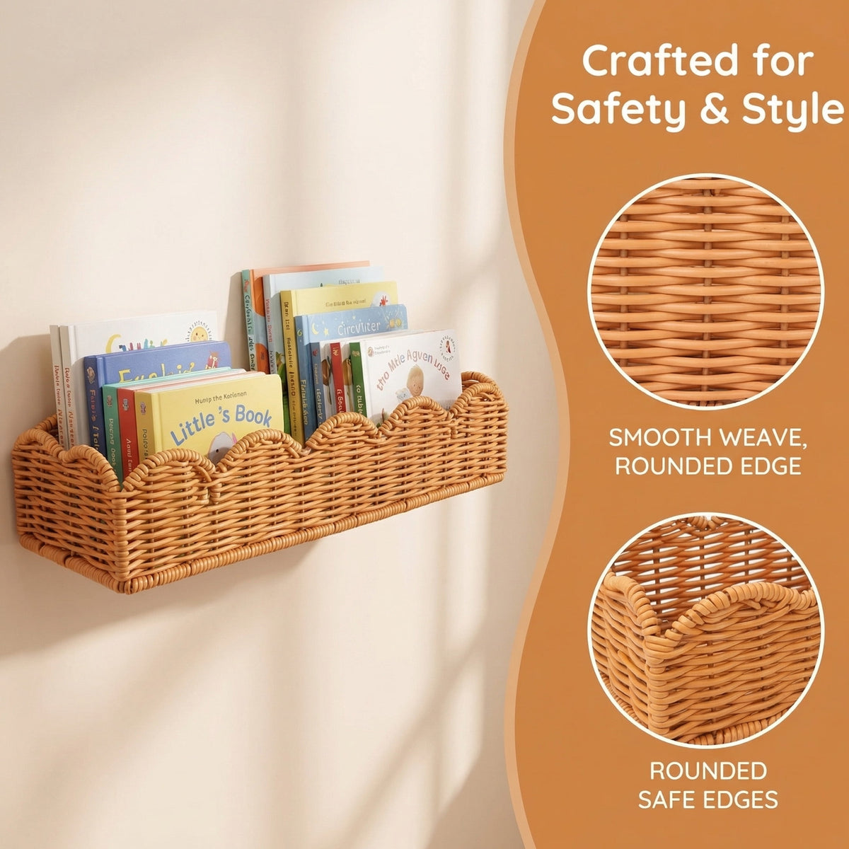 HBK Rattan Nursery Book Shelves Set of 2, Scalloped Wall Mounted Bookshelf for Kids Room, Boho Floating Shelf, 15.7 in