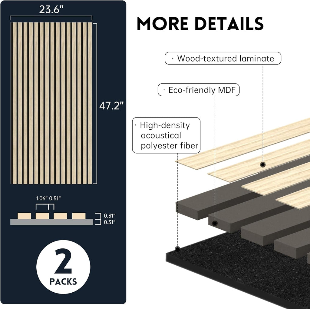 INTIGE Wood Slat Wall Panel 2 Pcs Soundproof Wall Panels 47.2 x 23.6 in Wood Wall Panels 3D Sound Dampening Panels Wall Decoration - Oak