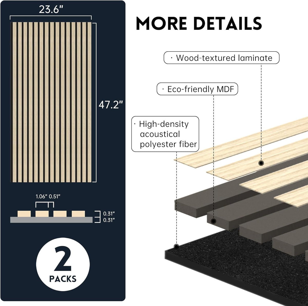 INTIGE Wood Slat Wall Panel 2 Pcs Soundproof Wall Panels 47.2 x 23.6 in Wood Wall Panels 3D Sound Dampening Panels Wall Decoration - Oak