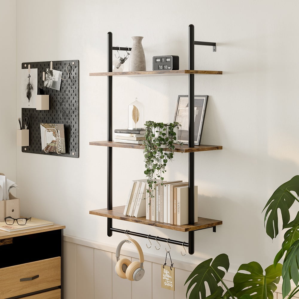 Bestier 38 inch Wall Mounted Floating Shelves with Towel Bar & Hooks Bookshelf in Rustic