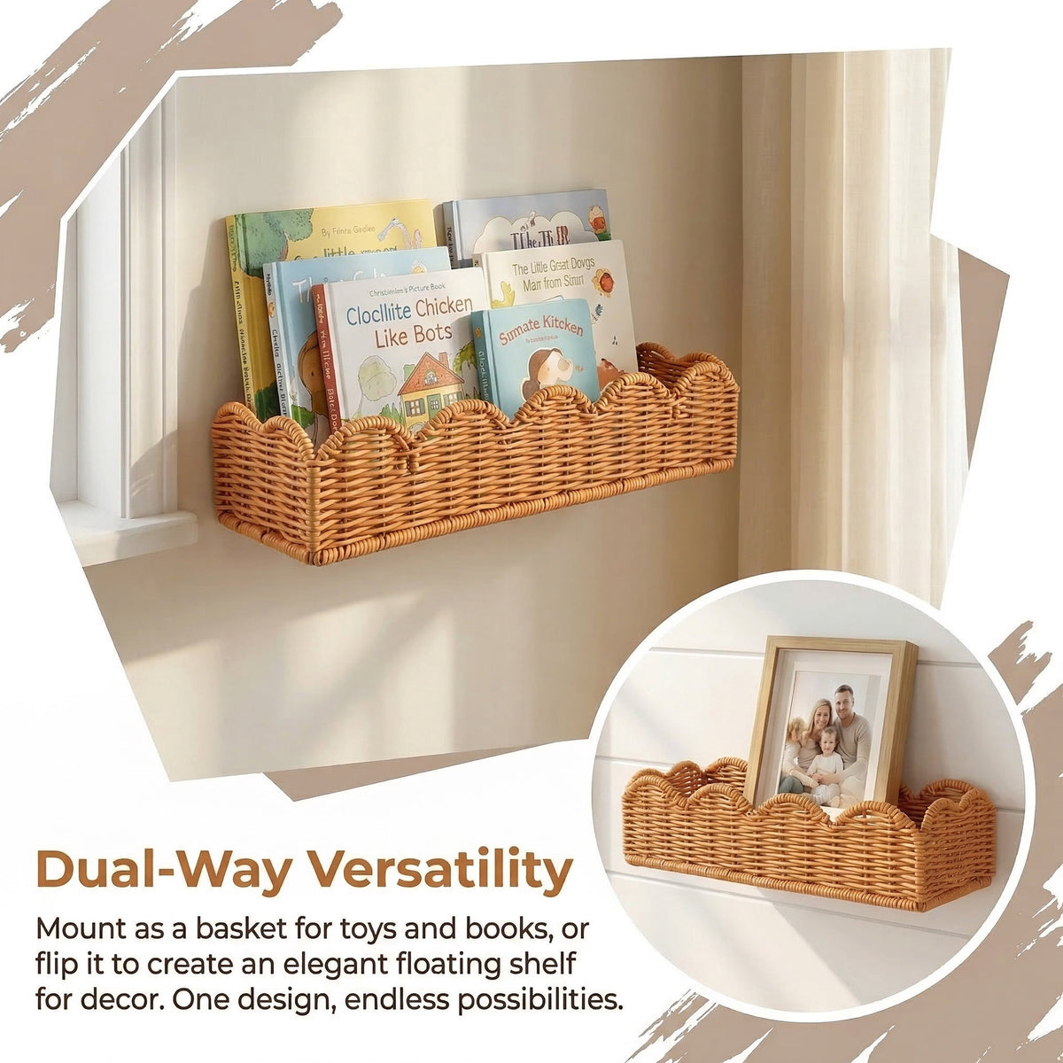 HBK Rattan Nursery Book Shelves Set of 2, Scalloped Wall Mounted Bookshelf for Kids Room, Boho Floating Shelf, 15.7 in