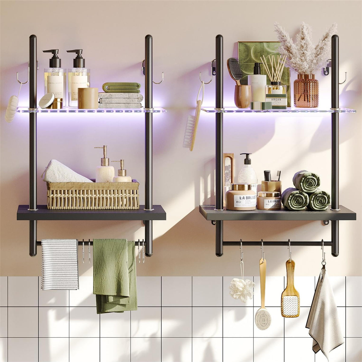 Bestier 2-Tier Floating Shelves for Wall with LED Light 15" x 23" Wall-Mounted Wood Shelves with 6 S-Hooks, Black Carbon Fiber