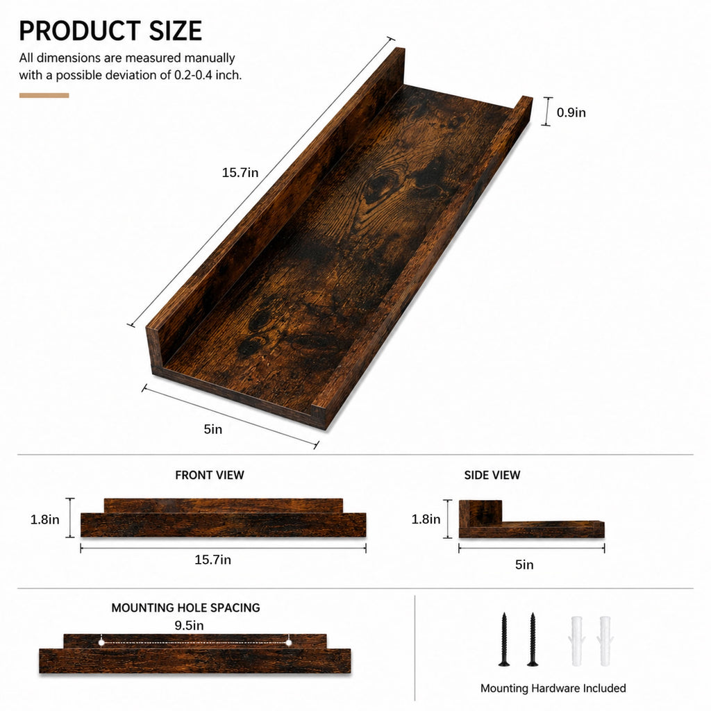 KAIWIN Floating Shelves for Wall, 15.7In Brown Wall Shelves for Decor Storage Set of 6, Wall Mounted Wood Shelves for Bedroom, Living Room, Bathroom, Kitchen