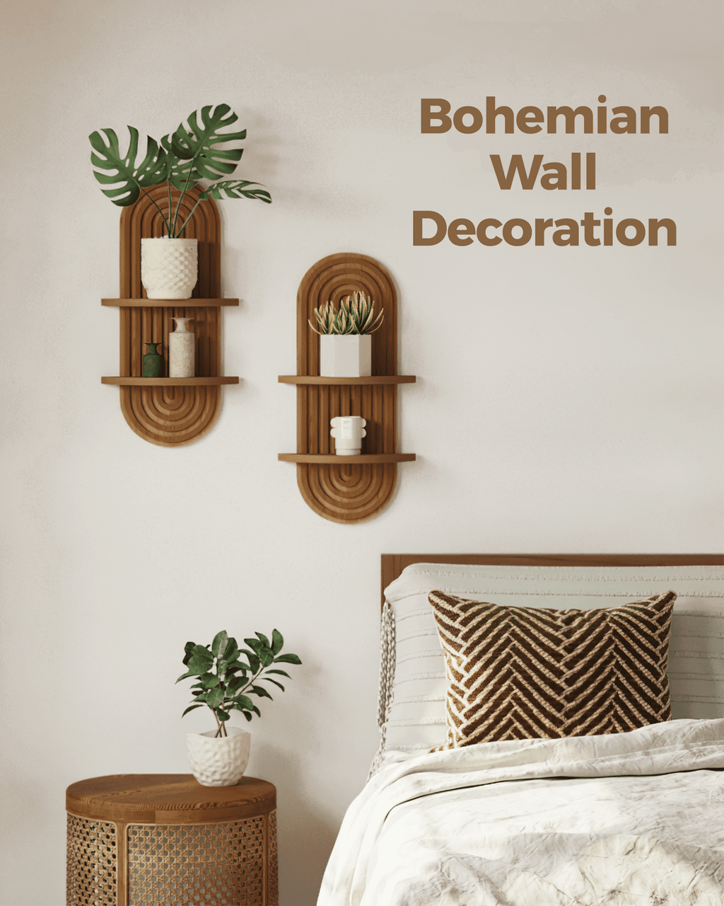 Bamworld Boho Wall Decor Brown Plant Wall Shelf, 2 pcs Mid Century Modern Decor Hanging Plant Shelf, 2-Tier Wooden Floating Shelves for Bathroom, Living Room, Bedroom, Office Planter Decoration