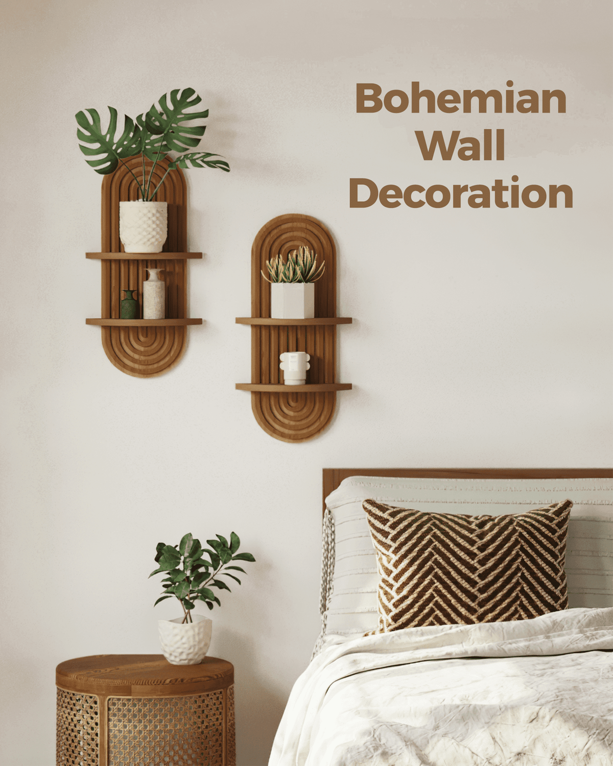 Bamworld Boho Wall Decor Brown Plant Wall Shelf, 2 pcs Mid Century Modern Decor Hanging Plant Shelf, 2-Tier Wooden Floating Shelves for Bathroom, Living Room, Bedroom, Office Planter Decoration