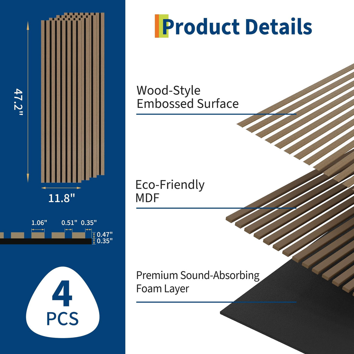 Garvee 4-Pack 3D Fluted Wood Slat Acoustic Panels, Soundproof Wall Panels, 47.2"x11.8", Brown