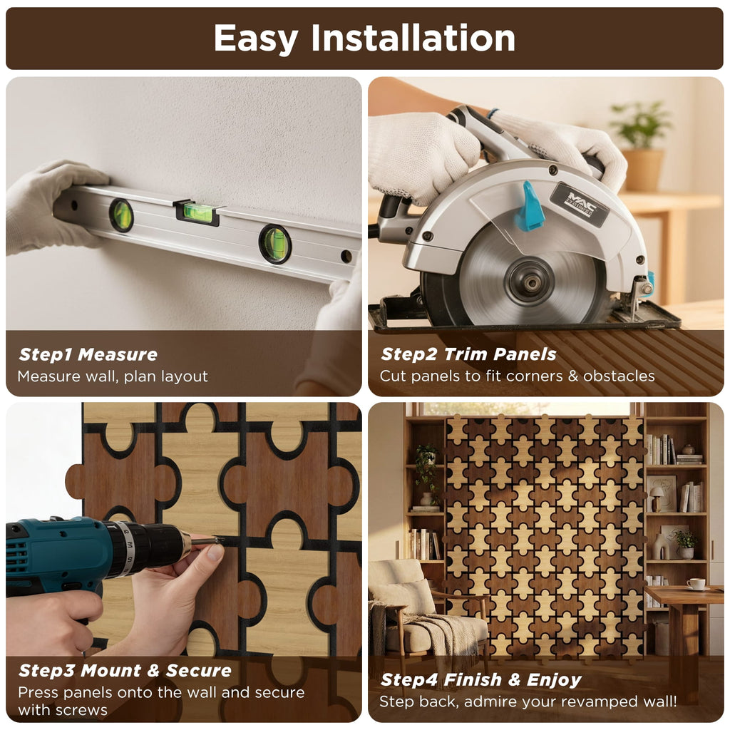 MuroPanel Interlocking Jigsaw Acoustic Wood Slat Wall Tiles 4-Pack 24"x24", 3D Wall Panels, Caramel