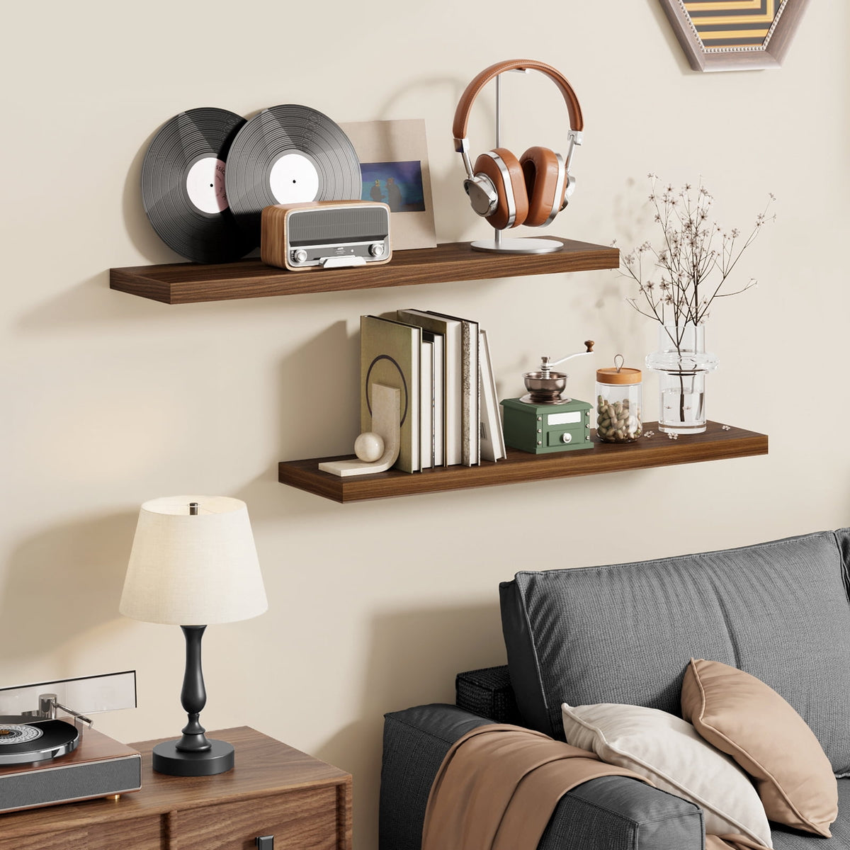 Fairy 2pcs Floating Shelves for Wall, 31.5in Walnut Wall Mounted Shelves, Rustic Wood Display Shelves for Bathroom, Kitchen, Living Room, Bedroom Decor