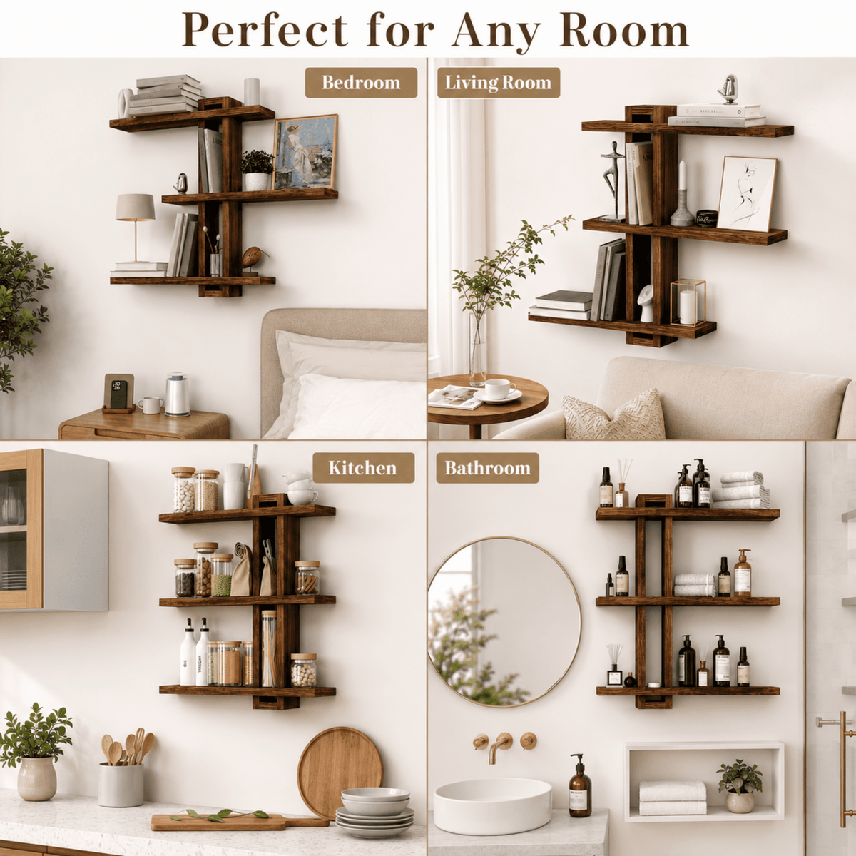 MEHOOM 3-Tier Wooden Floating Wall Shelf, Rustic Wall-Mounted Storage Shelves for Bedroom, Living Room, Farmhouse Wall Decor, 20in