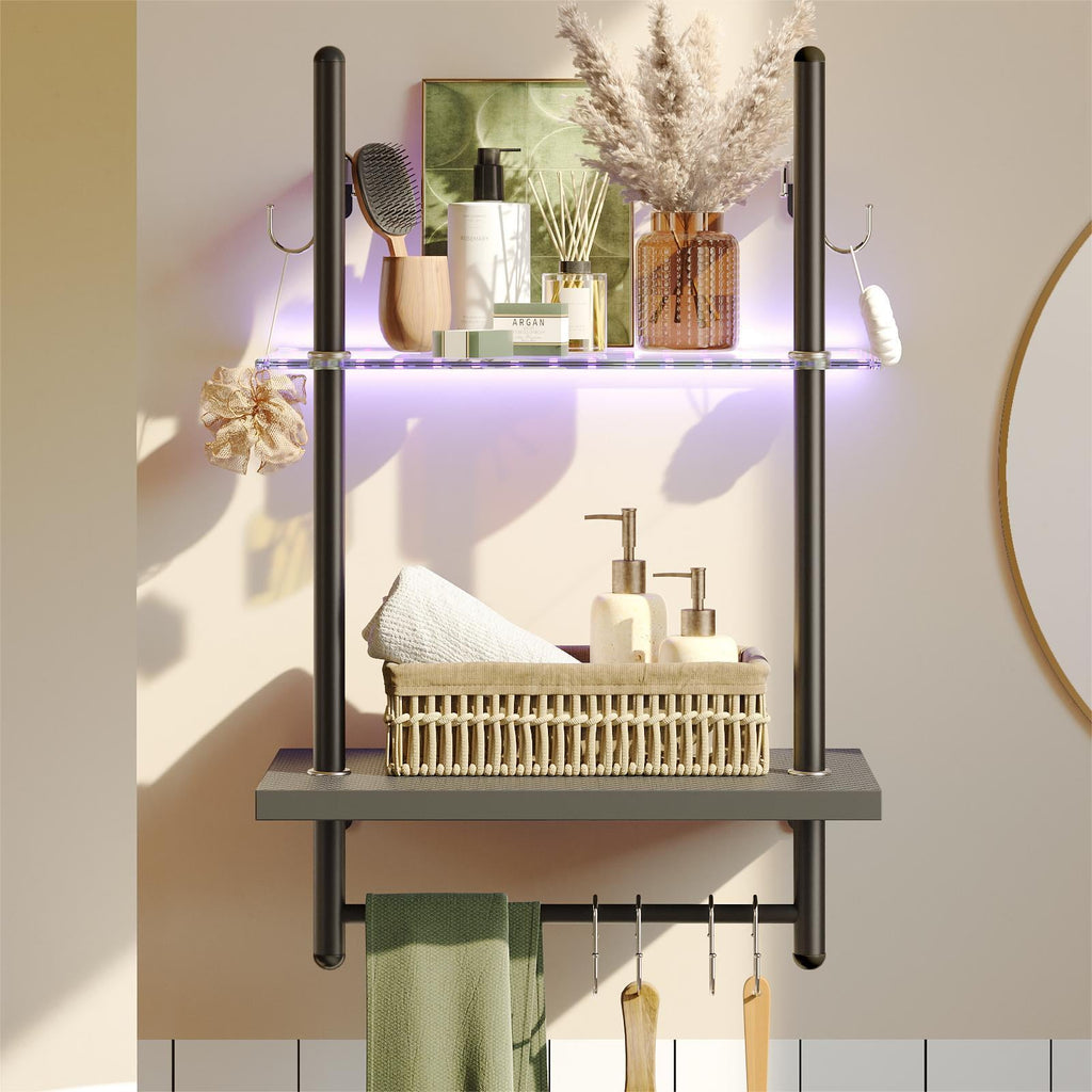 Bestier 2-Tier Floating Shelves for Wall with LED Light 15" x 23" Wall-Mounted Wood Shelves with 6 S-Hooks, Black Carbon Fiber