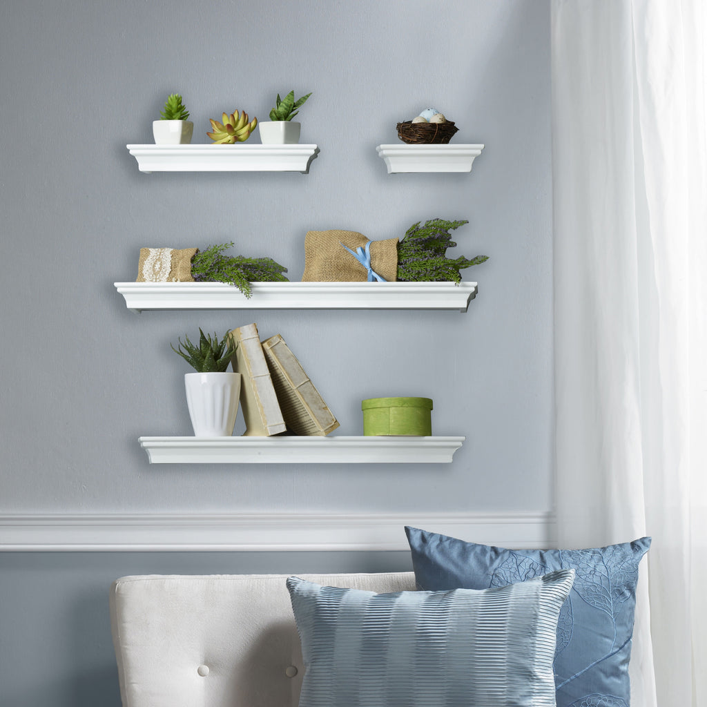 Melannco Floating Wall Mount Molding Ledge Shelves, Set of 4, White