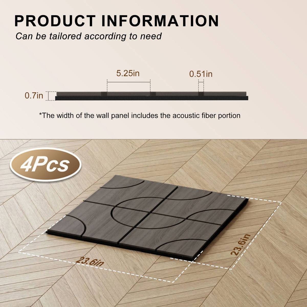 MuroPanel Geometric Curved Acoustic Wood Slat Wall Tiles 4-Pack 24"x24", Modern Black 3D Wall Panels