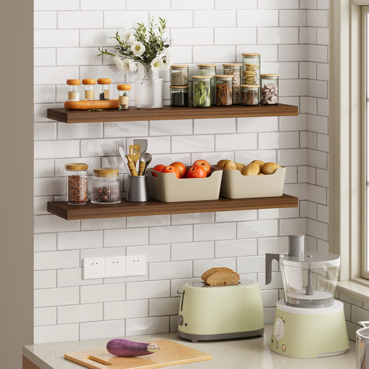 Fairy 2pcs Floating Shelves for Wall, 31.5in Walnut Wall Mounted Shelves, Rustic Wood Display Shelves for Bathroom, Kitchen, Living Room, Bedroom Decor