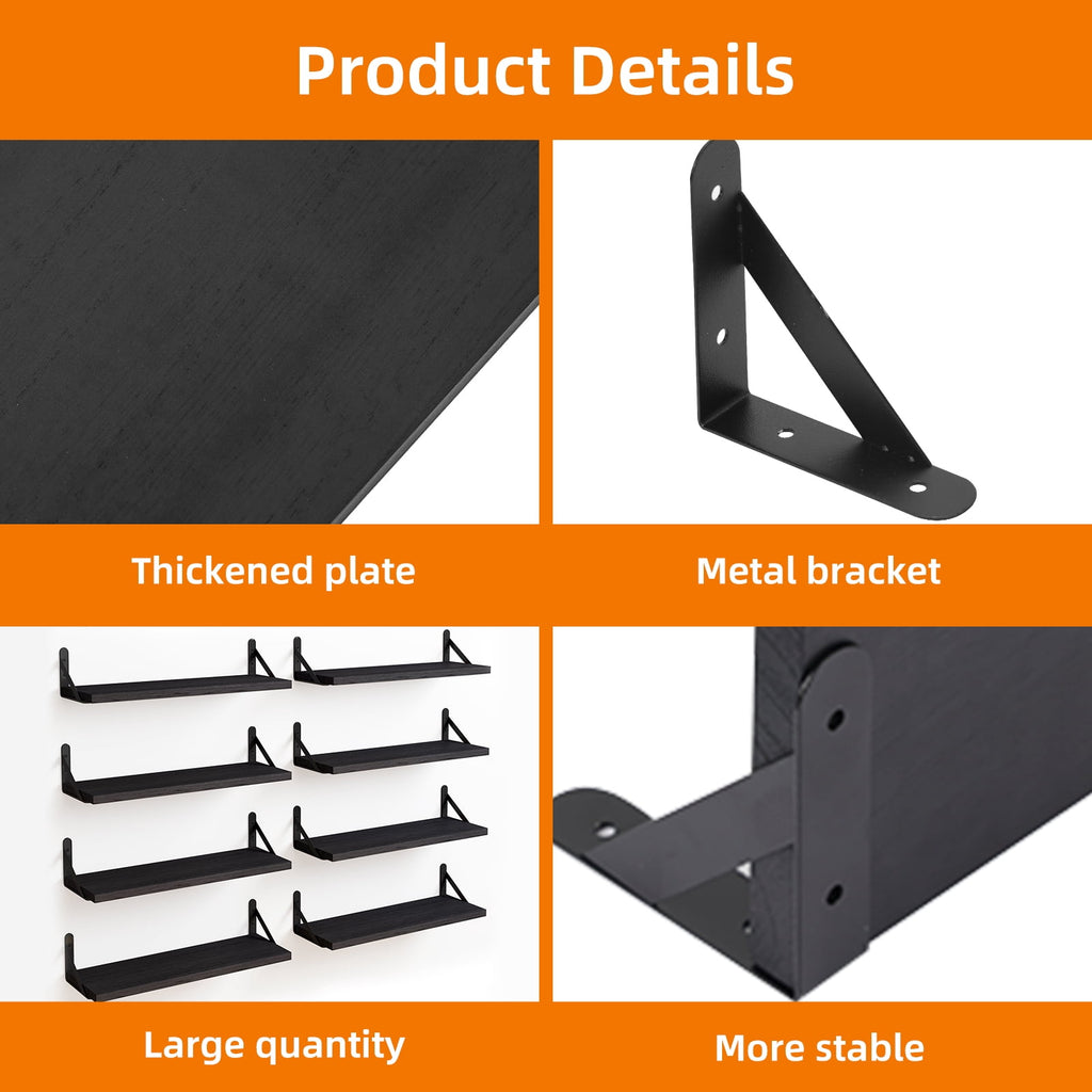 Fairy Floating Shelves, Rustic Wood Wall Shelves Set of 8, Wall Storage Shelves, 0.6x4.7x15.7inches, Black