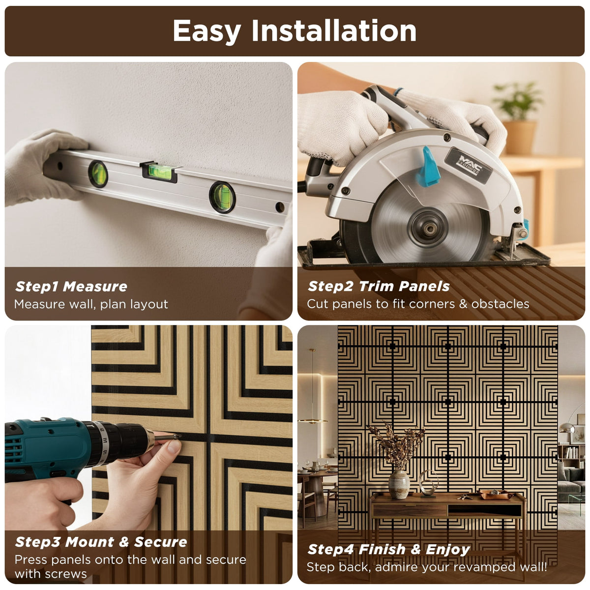 MuroPanel Concentric Square Acoustic Wood Slat Wall Tiles 4-Pack 24"x24", 3D Wall Panels, Walnut