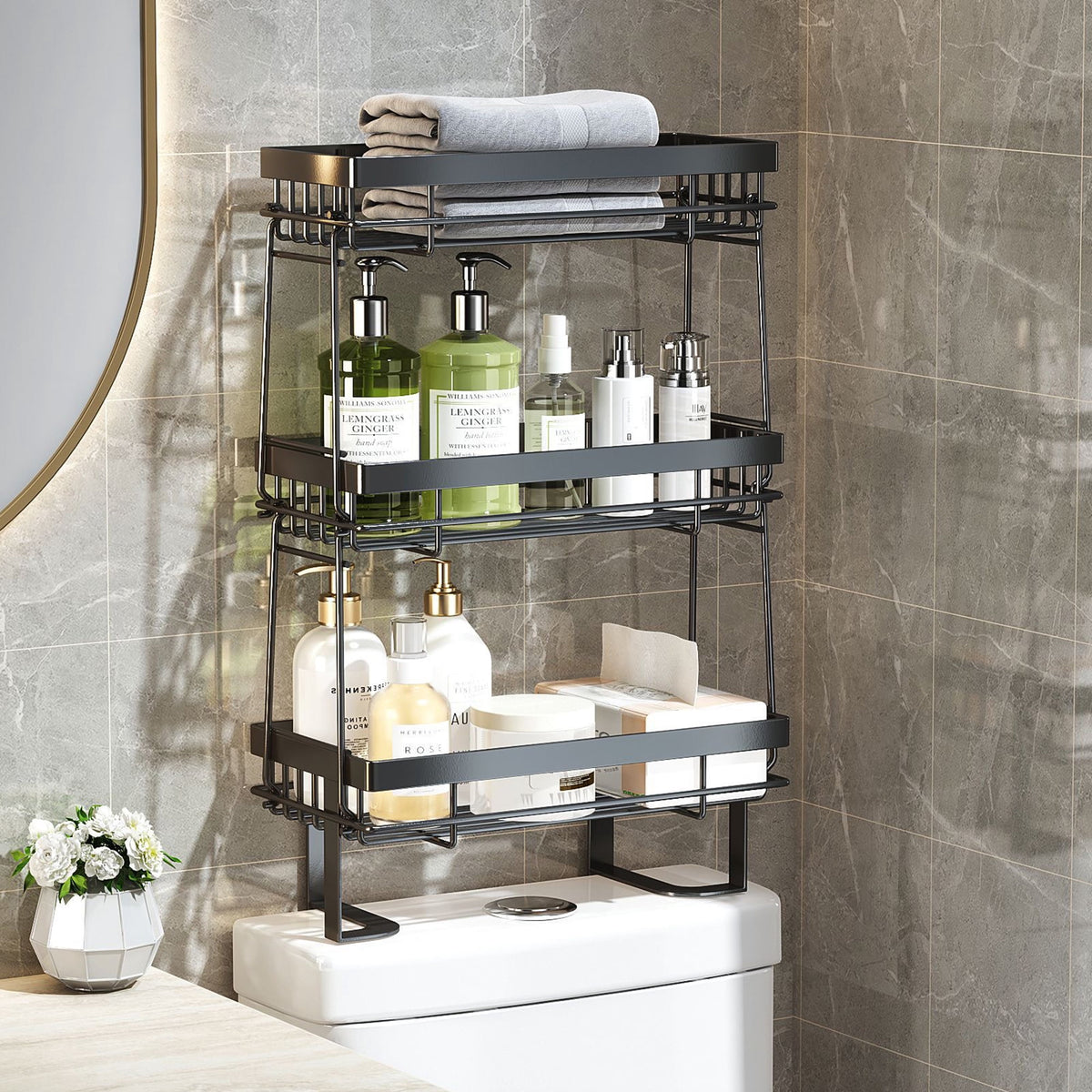 Junjian Over The Toilet Storage Shelf, 3-Tier Bathroom Storage Organizer Upgrade Punch-Free Toliet Storage Shelf, Home Storage Rack with Hooks Shelf